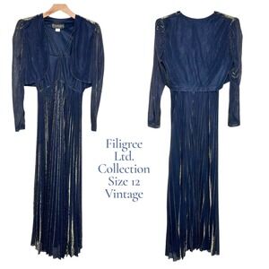 Vintage Filigree Ltd Collection Blue Gold Metallic Dress Bolero Set Size 12